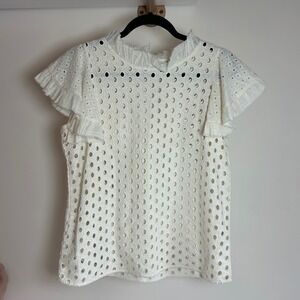 ANTIK BATIK JADA TOP Cream Eyelet Ruffle Neck Short Sleeve Blouse S 38